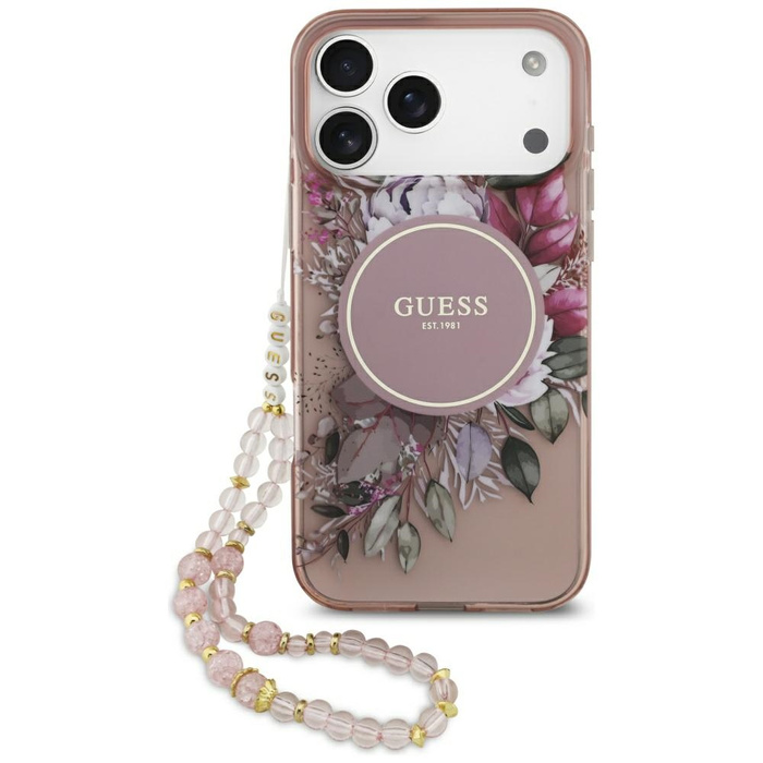Etui Guess IML Flowers Pearl Strap       MagSafe do iPhone 17 Pro Max różowy