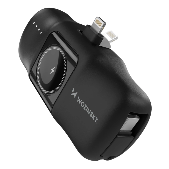 Powerbank Mini Wozinsky WF16-YLS 5000mAh 15W Lightning z wbudowanym kablem USB-C i ładowarką do Apple Watch - czarny