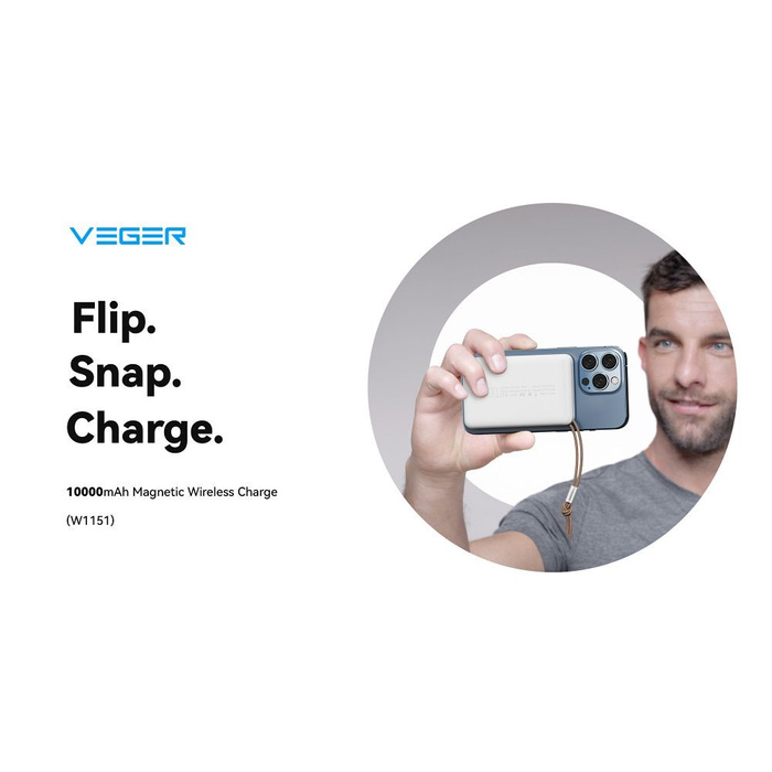 VEGER powerbank 10000 mAh z ładowaniem indukcyjnym kompatybilny z MagSafe PD QC3.0 2A 20W MagOn (VP1151 / W1151) biały