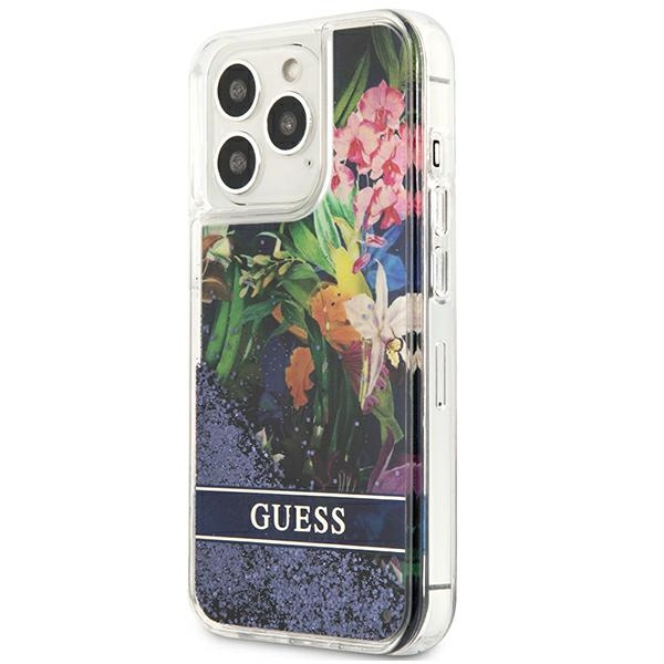 Etui GUESS Apple iPhone 13 13 Pro Flower Liquid Glitter Niebieski Hardcase