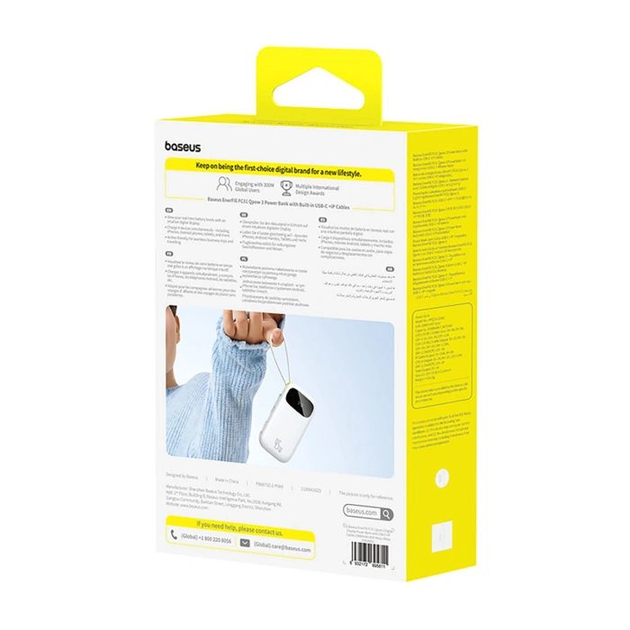 Powerbank Baseus EnerFill FC31 20000mAh 45W z wyświetlaczem cyfrowym i 2 wbudowanymi kablami (USB-C + Lightning) - biały