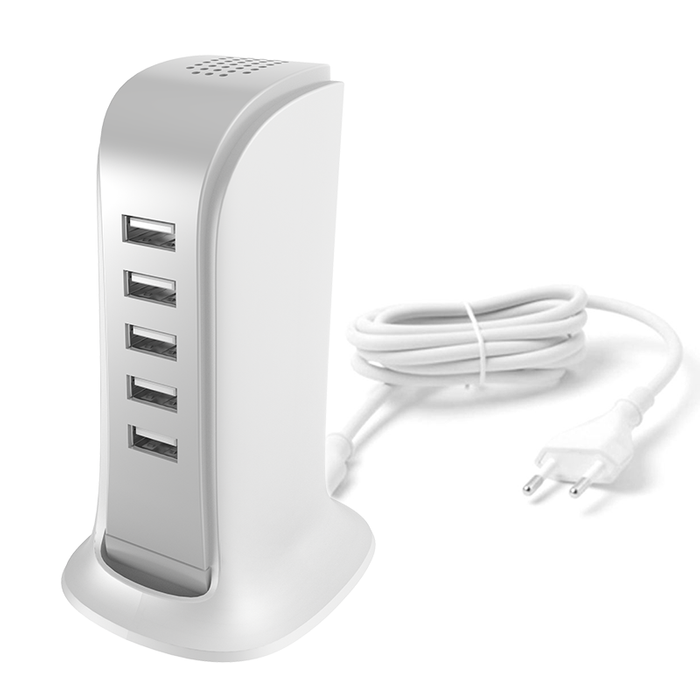 Ładowarka sieciowa 5x USB z wbudowanym kablem sieciowym EU biały (A5EU)