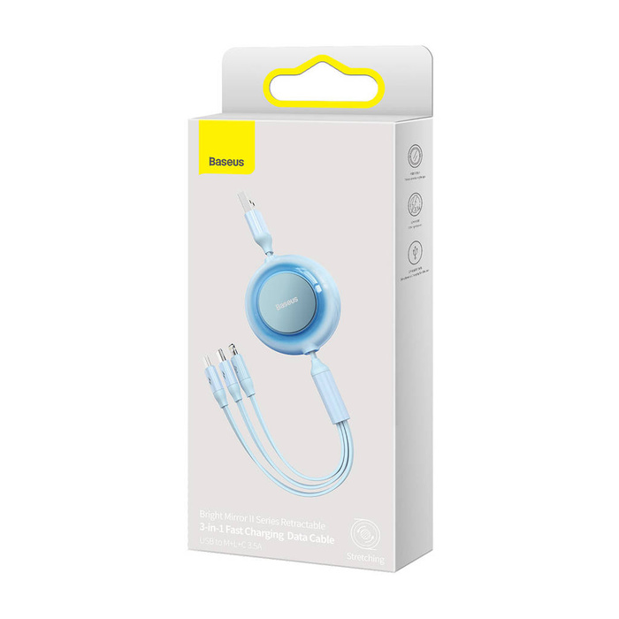 Baseus Bright Mirror 2 kabel przewód 3w1 USB Typ A - micro USB + Lightning + USB Typ C 3.5A 1.1m błękitny (CAMJ010017)