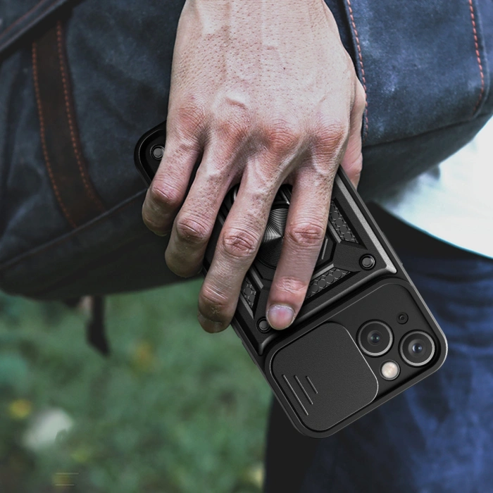 Pancerne etui Hybrid Armor Camshield z podstawką i osłoną aparatu do iPhone 15 - niebieskie