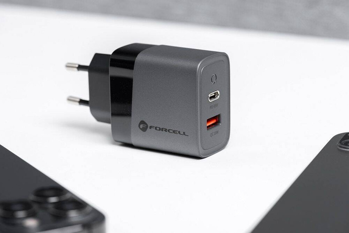 Ładowarka sieciowa do telefonu Forcell F-Energy GaN USB C + USB A QC4.0 PD 4A 45W VT-39 szara