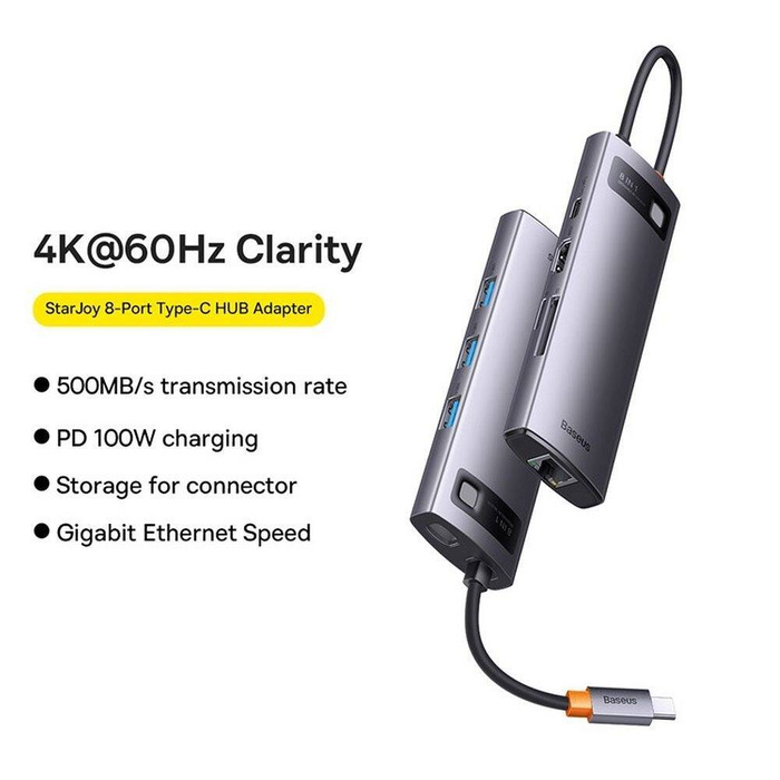 Baseus StarJoy HUB 8w1 USB Typ C - 3x USB / HDMI / RJ45 (1Gbps) / czytnik kart SD i TF / USB Typ C PD szary (WKWG080113)