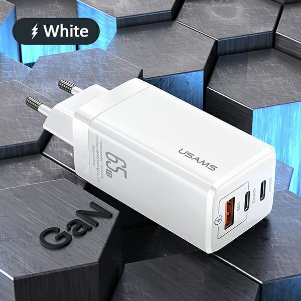 Ładowarka Sieciowa USAMS 2xUSB-C USB-A GaN 65W T33 PD Fast Charging CC110TC02 US-CC110 Biały