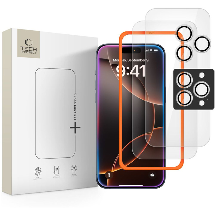 SZKŁO HARTOWANE TECH-PROTECT IPHONE 16 PRO MAX / 17 PRO MAX EASY SET+ 3-PACK PRZEZROCZYSTE
