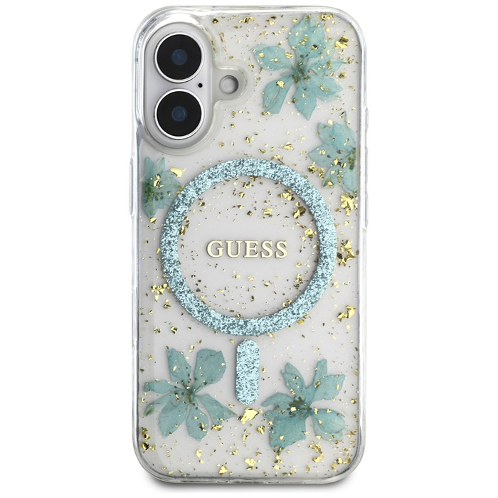 Etui Guess Resin Flowers Glitter MagSafe do iPhone 16 turkusowy