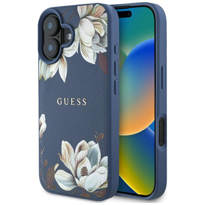 Etui Guess Grained Printed Flower         Pattern MagSafe do iPhone 16 niebieski