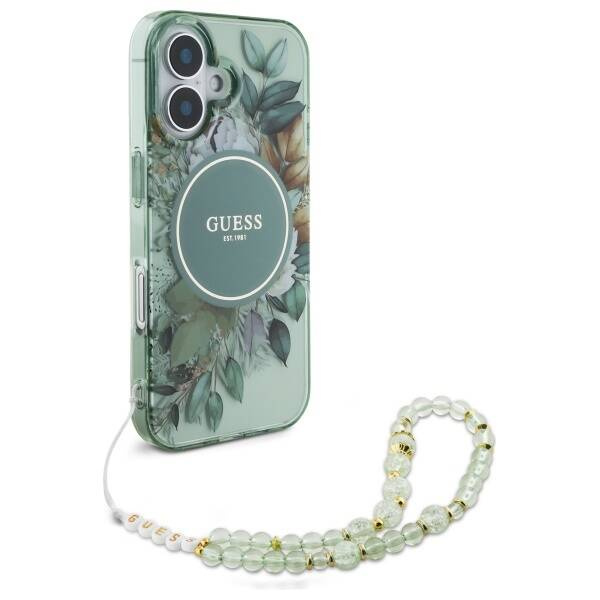 Etui Guess iPhone 16 6.1" zielony/green hardcase IML Flowers With Pearl Strap MagSafe