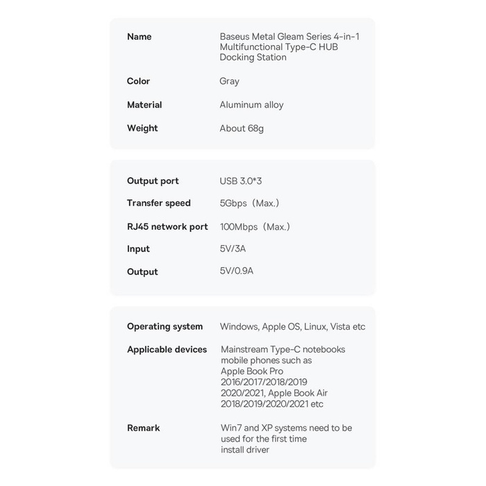 Baseus Metal Gleam Series stacja dokująca HUB 4 w 1 USB Typ C - 3 x USB 3.2 Gen. 1 / RJ45 (WKWG070113)