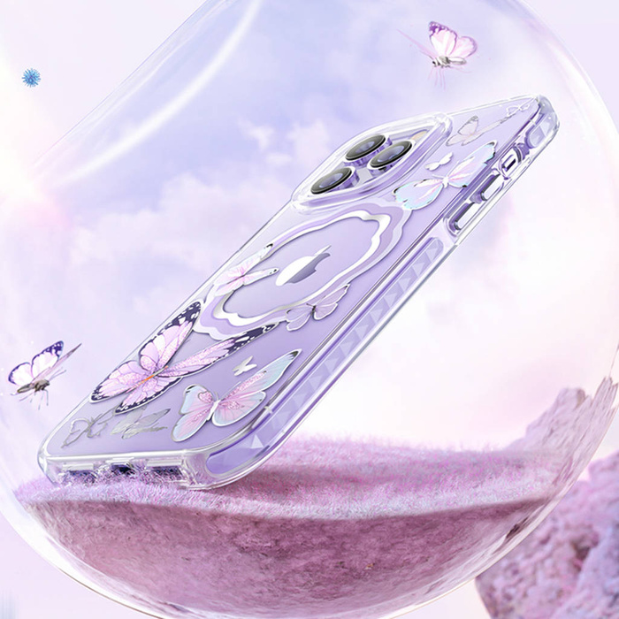 Etui Kingxbar Butterfly Series magnetyczne etui iPhone 14 Plus MagSafe ozdobione nadrukem w motyle fioletowe Case