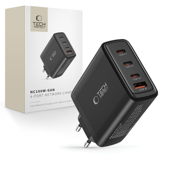 ŁADOWARKA TECH-PROTECT NC100W-GAN 4-PORT NETWORK CHARGER PD100W/QC3.0 BLACK