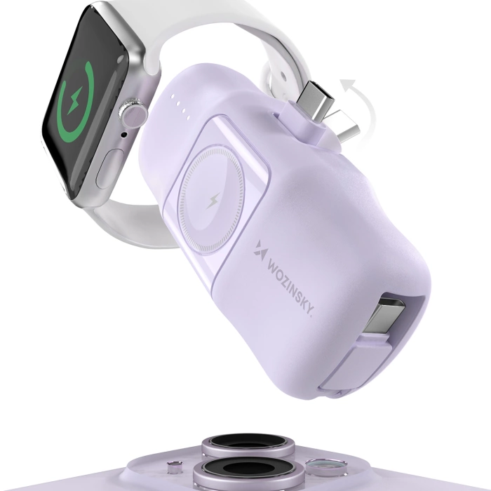 Powerbank Mini Wozinsky WF16-YCS 5000mAh 15W USB-C z wbudowanym kablem USB-C i ładowarką do Apple Watch - fioletowy