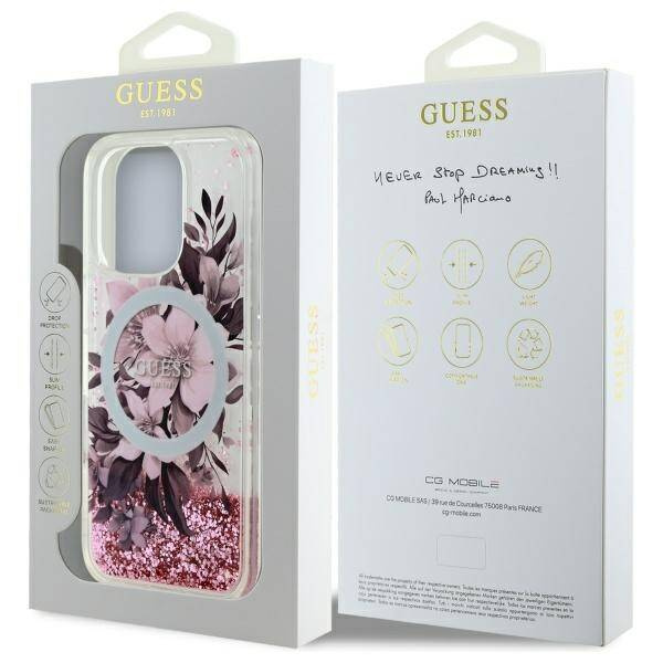 Etui Guess iPhone 16 Pro Max 6.9" różowy/pink hardcase Liquid Glitter Flower MagSafe