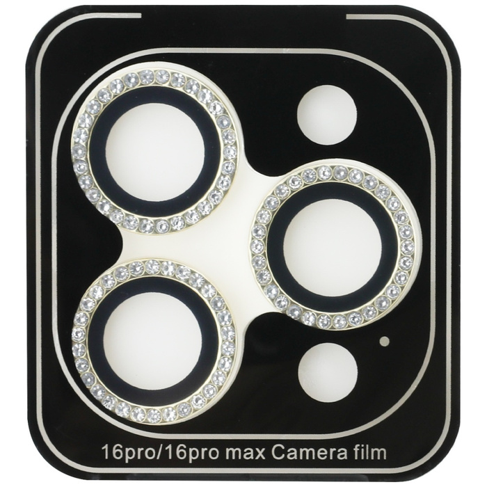 Zestaw 2w1 Guess BP Rhinestone szkło na   ekran i obiektyw aparatu do iPhone 16 Pro złoty