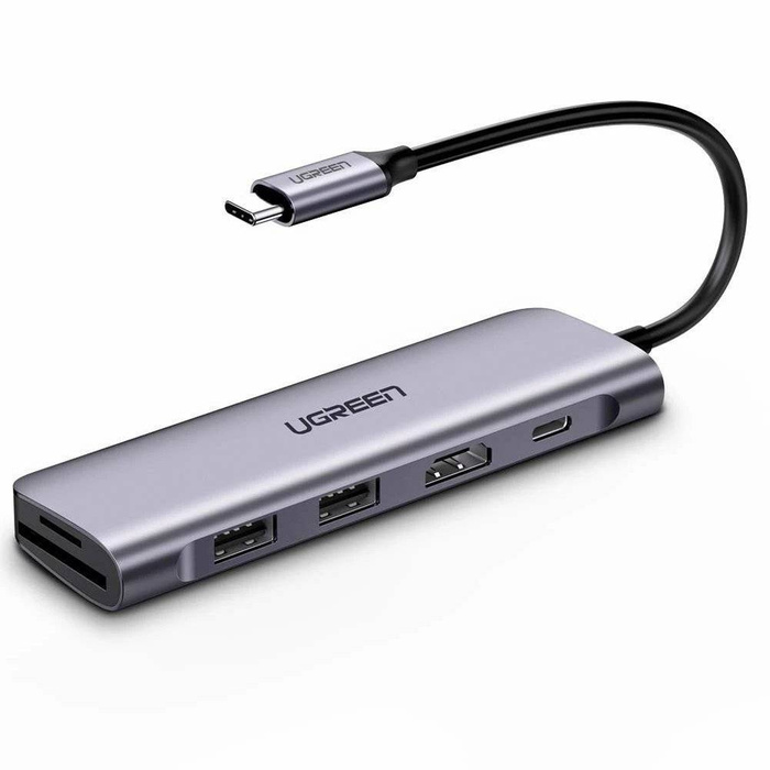 Ugreen 6w1 wielofunkcyjny HUB USB Typ C - 2x USB 3.2 Gen 1 / USB Typ C Power Delivery 100 W / HDMI 4K / czytnik kart SD i micro SD (TF) szary (CM195 70411)