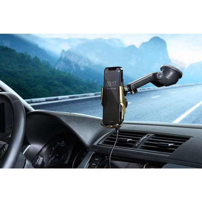 FORCELL uchwyt z ładowaniem indukcyjnym automatyczny + adapt. magnetyczne HS1 Qi 15W złoty