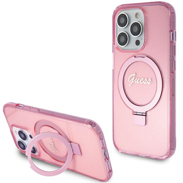 Etui Guess GUHMP15LHRSGSP iPhone 15 Pro 6.1" różowy/pink hardcase Ring Stand Script Glitter MagSafe Case