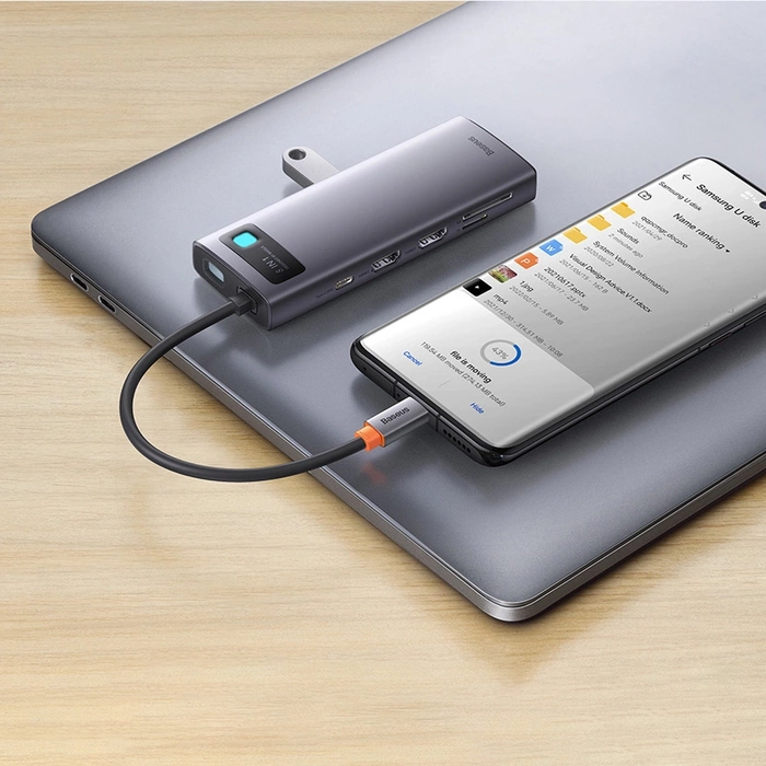 [PO ZWROCIE] Baseus Metal Gleam Series stacja dokująca HUB 8 w 1 USB Typ C - 2 x HDMI /  3 x USB 3.2 Gen. 1 / 1 x Power Delivery / 1 x czytnik kart SD / 1 x czytnik kart TF szary (WKWG050113)