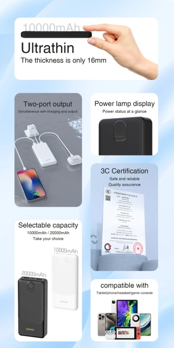 Powerbank Dudao K10 10000mAh  2.4A 2 x USB-A - biały