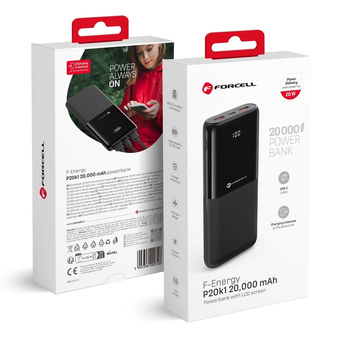 FORCELL F-ENERGY P20k1 powerbank PD QC3.0 3A 20W 20 000 mAh czarny
