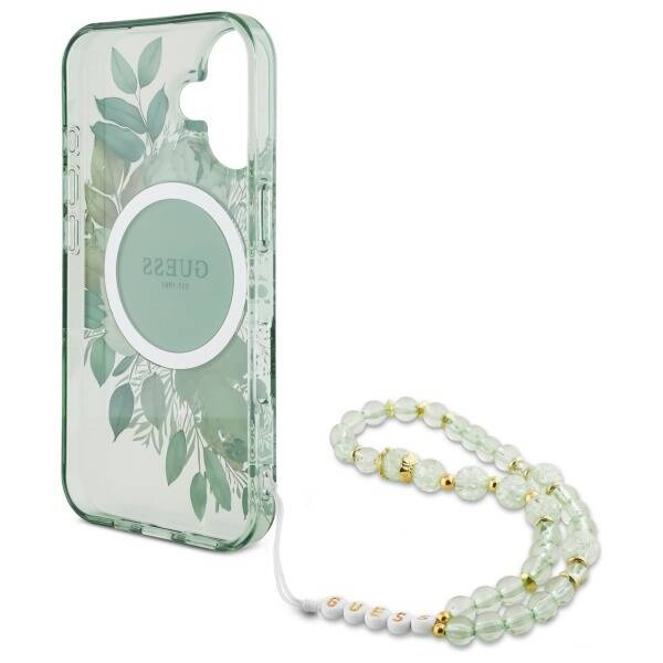 Etui Guess iPhone 16 6.1" zielony/green hardcase IML Flowers With Pearl Strap MagSafe