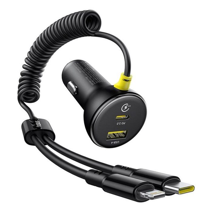 Ładowarka samochodowa BASEUS CIRCULAR PD 1xUSB-C 1xUSB 60W + KABEL USB-C/LIGHTNING BLACK