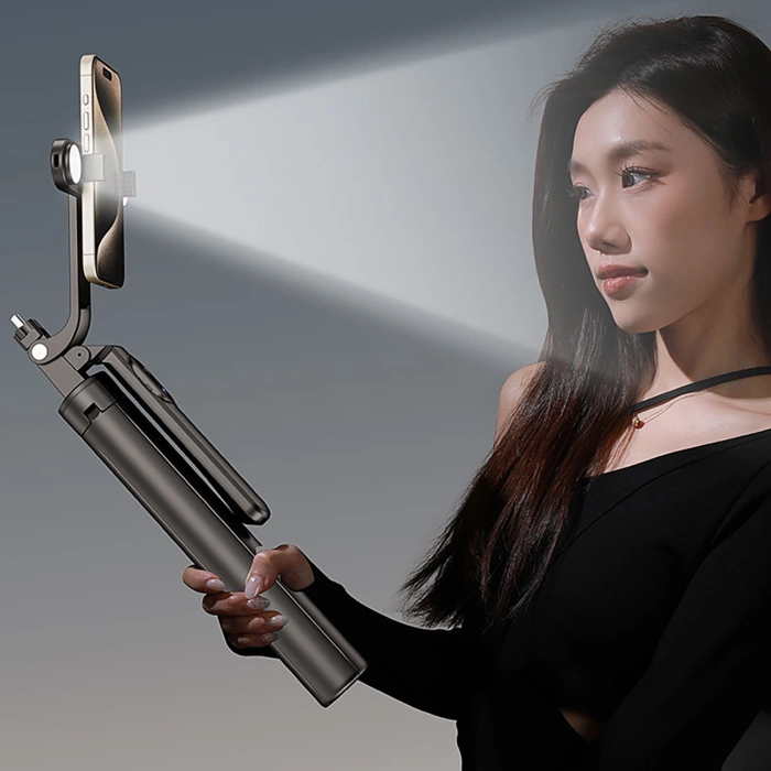 Selfie stick teleskopowy statyw Wozinsky 1.75m Stop aluminium z podwójną lampą i uchwytem na telefon Czarny