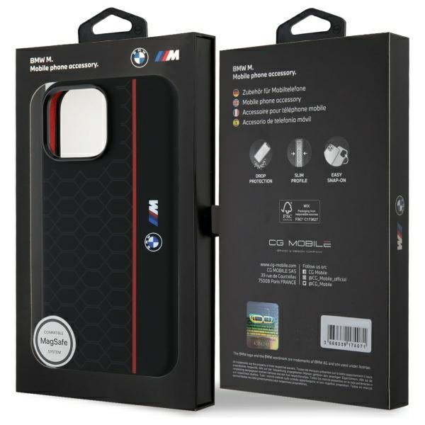 Etui BMW iPhone 16 Pro Max czarny/black hardcase Silicone Hexagon Red Line MagSafe