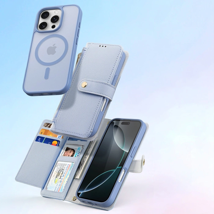 Etui skórzane Dux Ducis Lawa na iPhone 16 Pro z odłączanym portfelem magnetycznym - błękitne