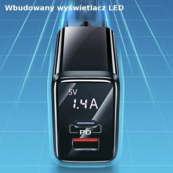 Ładowarka Sieciowa USAMS 1xUSB-C 1xUSB-A T40 20W LED PD3.0 QuickCharge3.0 Fast Charging Czarny
