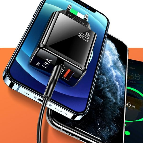 Ładowarka Sieciowa USAMS 1xUSB-C 1xUSB-A T40 20W LED PD3.0 QuickCharge3.0 Fast Charging Czarny