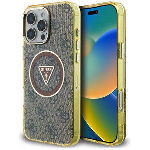 Etui Guess IML Metal Glitter 4G Circle Triangle MagSafe do iPhone 16 Pro Max brązowy