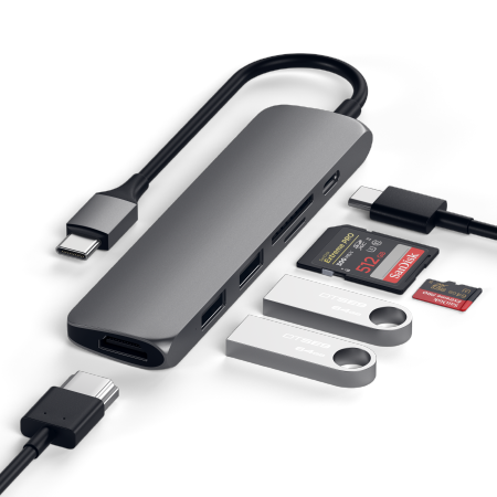 Satechi Aluminium Adapter Slim v2 - aluminiowy adapter podróżny do urządzeń mobilnych USB-C (USB-C, 2x USB-A, 4K HDMI, czytnik kart micro/SD) (space gray)