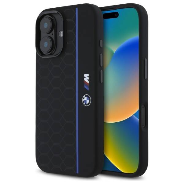 Etui BMW iPhone 16 czarny/black hardcase Silicone Hexagon Blue Line MagSafe