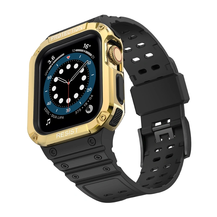 Pasek z etui ochronnym Protect Strap Band do Apple Watch 42 / 44 / 45 mm opaska obudowa pancerna - czarny, złoty