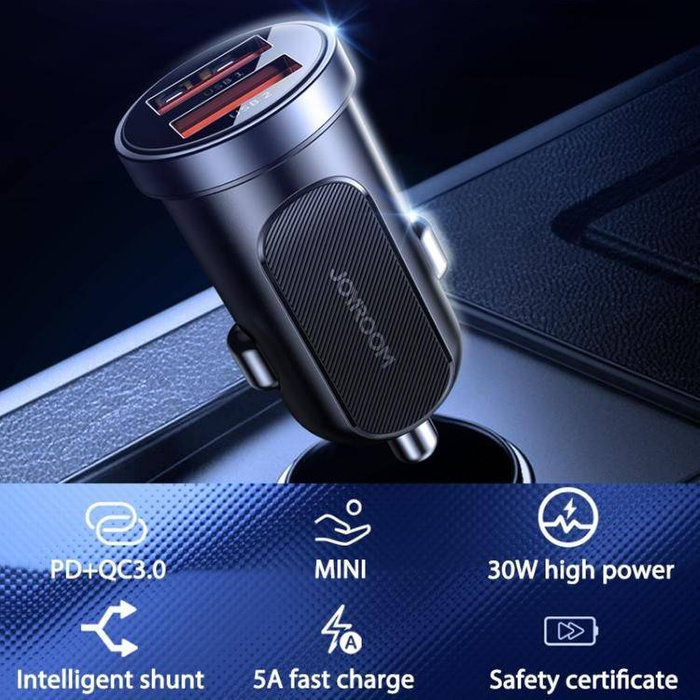 Joyroom C-A09 Mini szybka ładowarka samochodowa 2x USB 30W Quick Charge, SCP, PD, AFC czarny 