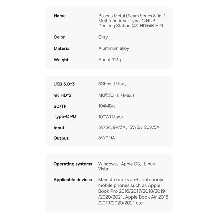 [PO ZWROCIE] Baseus Metal Gleam Series stacja dokująca HUB 8 w 1 USB Typ C - 2 x HDMI /  3 x USB 3.2 Gen. 1 / 1 x Power Delivery / 1 x czytnik kart SD / 1 x czytnik kart TF szary (WKWG050113)