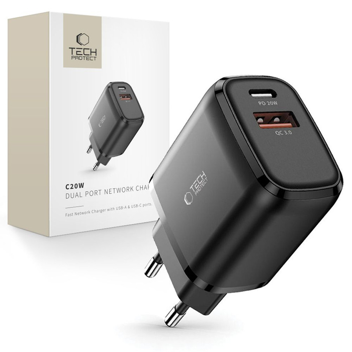 ŁADOWARKA TECH-PROTECT C20W 2-PORT NETWORK CHARGER PD20W/QC3.0 BLACK