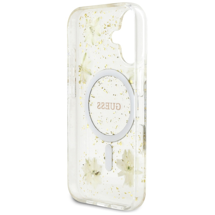 Etui Guess Resin Flowers Glitter MagSafe do iPhone 16 beżowy