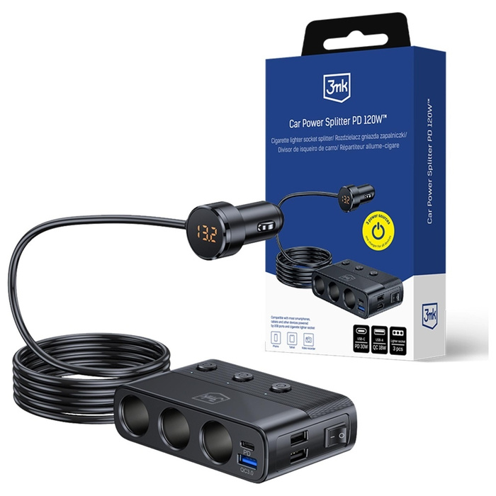 Rozdzielacz 3MK Car Power Splitter 120W  PD QC PPS 3xUSB-A 1xUSB-C 3xDC czarny