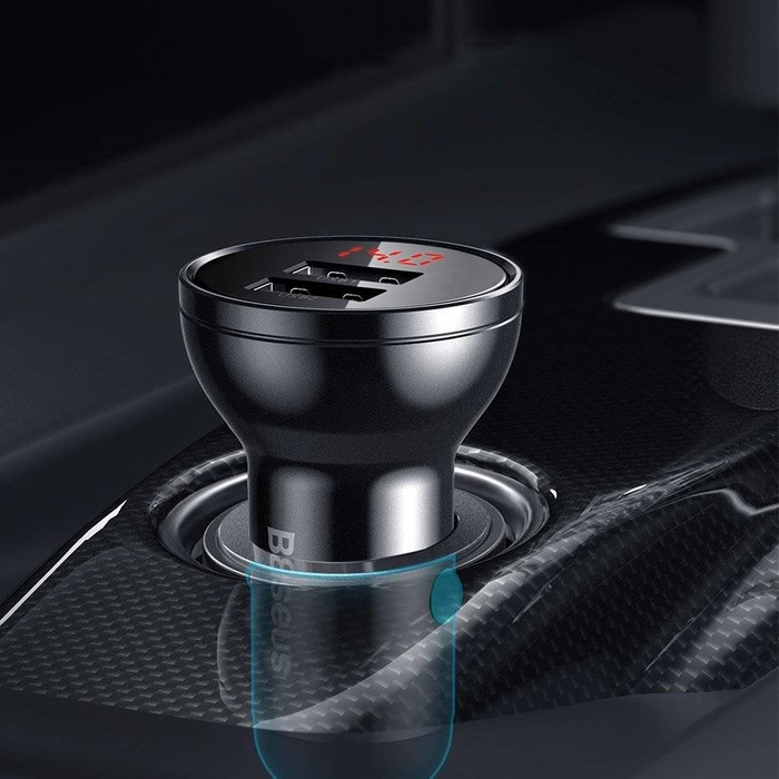 Baseus ładowarka samochodowa 2x USB 4,8A 24W z LCD + kabel 3w1 USB - USB Typ C / micro USB / Lightning 1,2m czarny