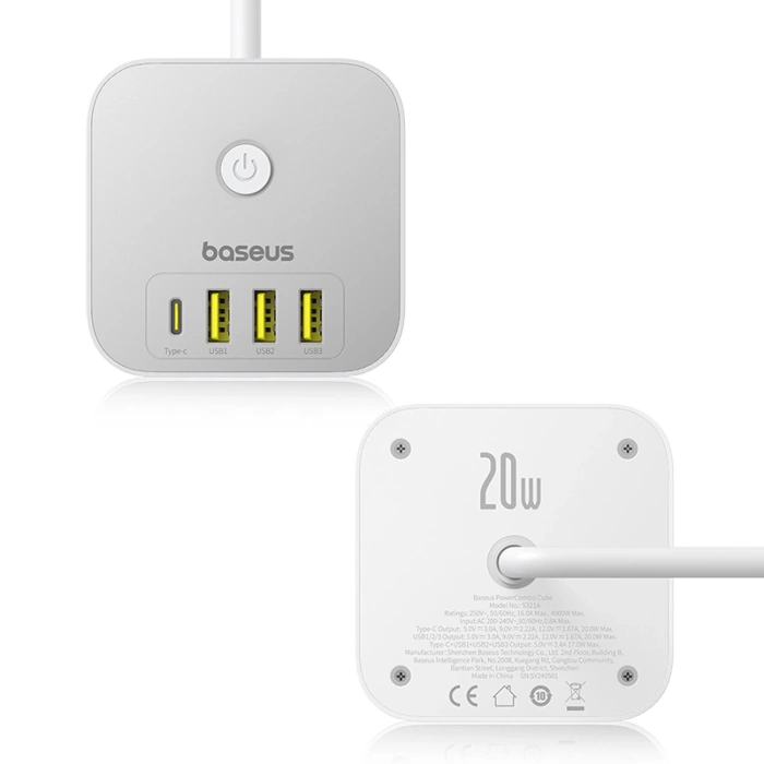 Kostka listwa zasilająca Baseus PowerCombo 7 w 1, 3 AC + 3 x USB-A + 1 x USB-C 20W 1,5 m - biała