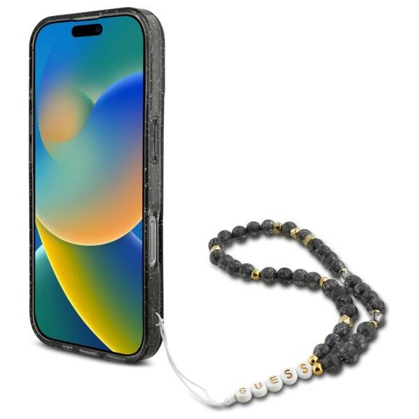 Etui Guess iPhone 16 Pro 6.3" czarny/czarny hardcase IML Glitter With Pearl Strap MagSafe