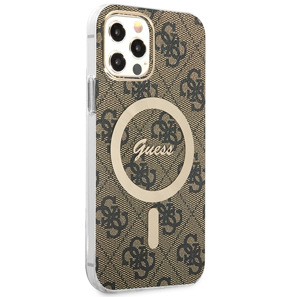 Zestaw Etui Guess Case+ Charger iPhone 12/12 Pro brązowy/brown hard case 4G Print MagSafe