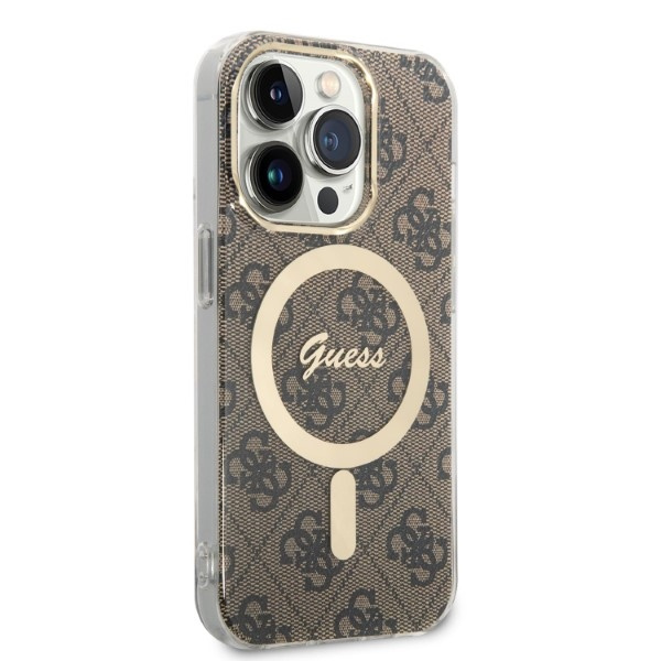 Zestaw Etui Guess Case+ Charger iPhone 14 Pro Max 6,7" brązowy/brown hard case 4G Print MagSafe
