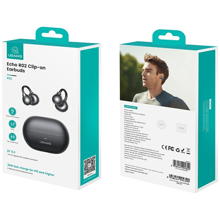 Słuchawki Bluetooth USAMS Echo R02       Clip-on bezprzewodowe szary