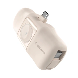 Mini powerbank Wozinsky WF16-YCS 5000mAh 15W USB-C z wbudowanym kablem USB-C i ładowarką do Apple Watch - beżowy
